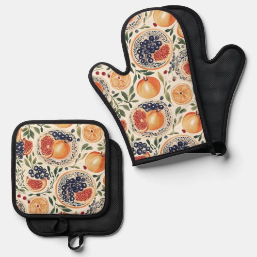 Mediterrane Citrus & Granaatappel Oven Mitt en P Ovenwant & Pannenlap Set (Voorkant / Achterkant)