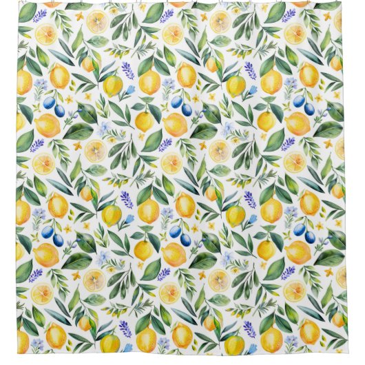 Mediterrane citrus met blauwe bloemen douchegordijn (Voorkant)