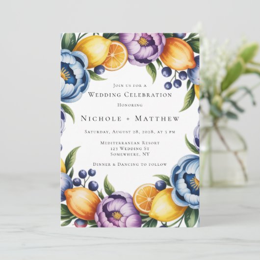 Mediterrane Citrusboeket Bruiloft Kaart (Staand voorkant)