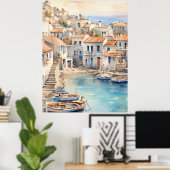 Mediterrane dorp watercolor boho-stijl poster (Thuiskantoor)