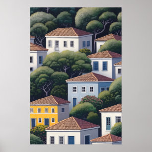 Mediterrane dorpshuisjes in heuvelachtig landschap poster