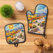 Mediterrane dorpsschildering ovenwant & pannenlap set (Top down)