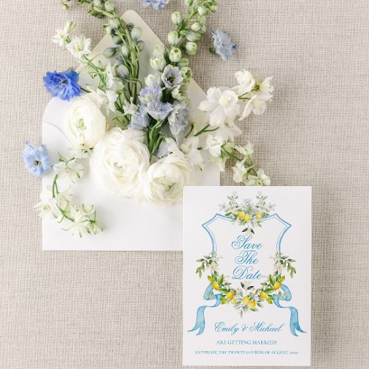 Mediterrane Foto/Crest Bruiloft Save the Date Kaart