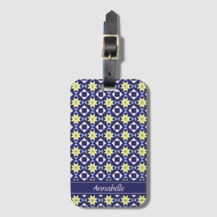 Mediterrane Gele Blauwe Floral Tegel Patroonnaam Bagagelabel