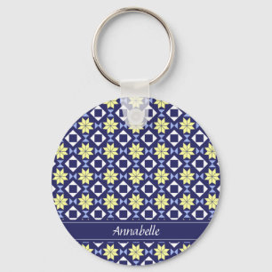Mediterrane Gele Blauwe Floral Tegel Patroonnaam Sleutelhanger