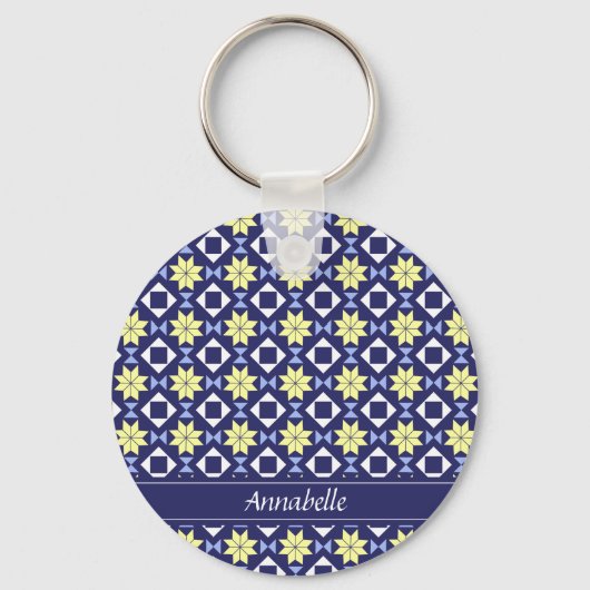 Mediterrane Gele Blauwe Floral Tegel Patroonnaam Sleutelhanger (Voorkant)