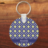 Mediterrane Gele Blauwe Floral Tegel Patroonnaam Sleutelhanger (Voorkant)