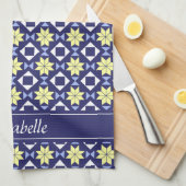 Mediterrane Gele Blauwe Floral Tegel Patroonnaam Theedoek (Quarter Fold)