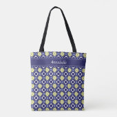 Mediterrane Gele Blauwe Floral Tegel Patroonnaam Tote Bag (Achterkant)