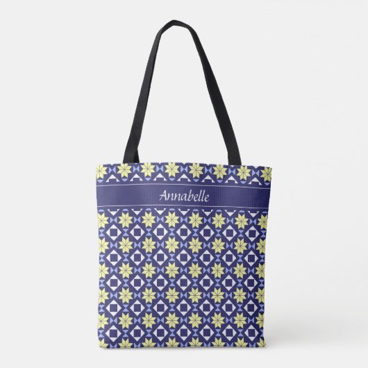 Mediterrane Gele Blauwe Floral Tegel Patroonnaam Tote Bag (Achterkant)