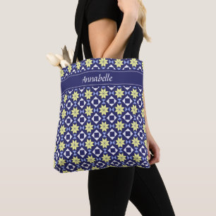 Mediterrane Gele Blauwe Floral Tegel Patroonnaam Tote Bag