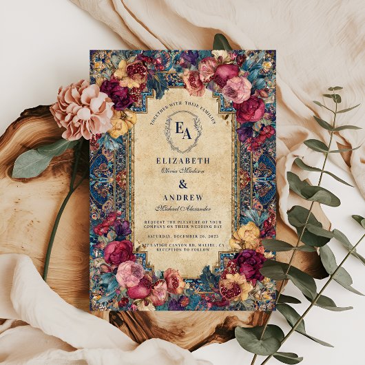 Mediterrane granaatappel bloemenbruiloft kaart