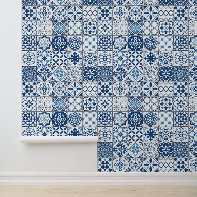 Mediterrane Indigo Blauwe Azulejo Mozaïek Tegels Behang (Applicatie)