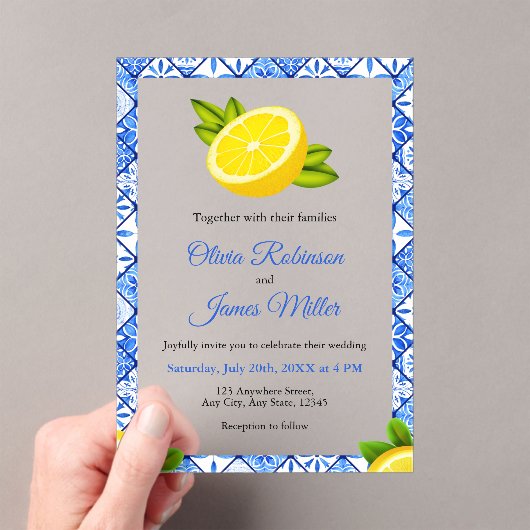 Mediterrane Italiaans Blauwe Tegel - Citroenbruilo Acryl Uitnodigingen (Insitu (Draagbaar))