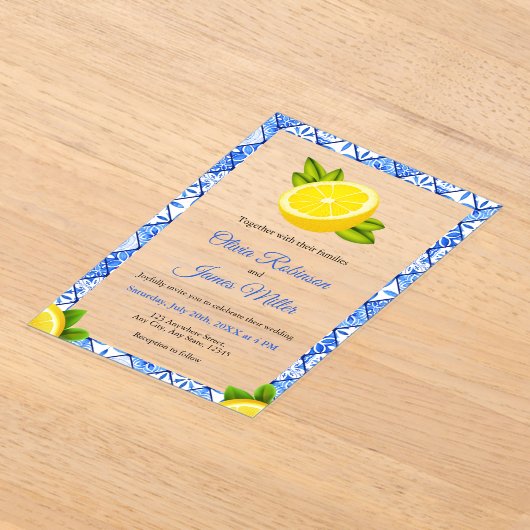 Mediterrane Italiaans Blauwe Tegel - Citroenbruilo Acryl Uitnodigingen (Laagn)