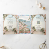 Mediterrane Italiaanse Amalfi kust QR Code Bruilof Drieluik Uitnodiging (Binnen)