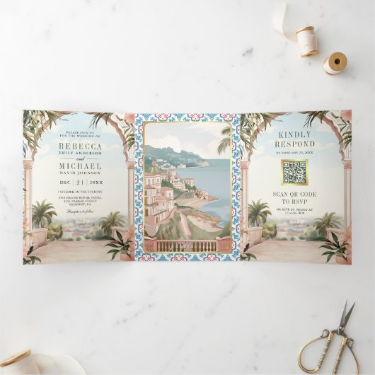 Mediterrane Italiaanse Amalfi kust QR Code Bruilof Drieluik Uitnodiging (Binnen)