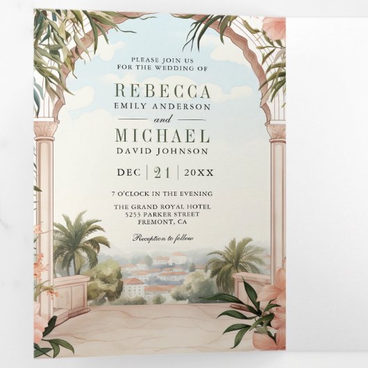 Mediterrane Italiaanse Amalfi kust QR Code Bruilof Drieluik Uitnodiging (Binnenzijde eerst)