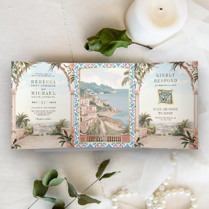 Mediterrane Italiaanse Amalfi kust QR Code Bruilof Drieluik Uitnodiging