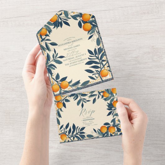 Mediterrane Italië Griekenland Lemon Vibrant Wedde All In One Uitnodiging (Afscheurbaar)