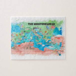 Mediterrane kaart met reisaffiches voor cruisesche legpuzzel