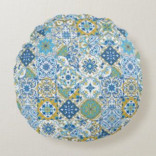 Mediterrane kleuren/ Azulejo tegels Rond Kussen