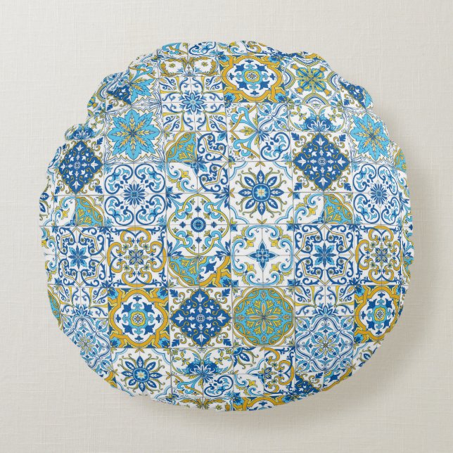 Mediterrane kleuren/ Azulejo tegels Rond Kussen (Voorkant)