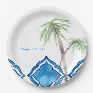 Mediterrane kobalt blauwe Tegel gepersonaliseerde  Papieren Bordje