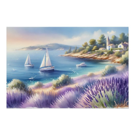 Mediterrane Lavendelkust met zeilboten Perfect Poster (Voorkant)