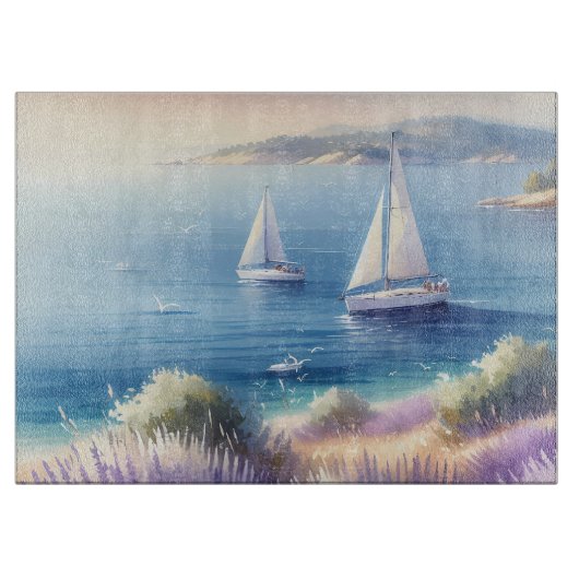 Mediterrane Lavendelkust met zeilboten Snijplank (Voorkant)