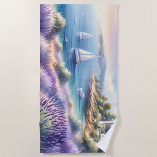 Mediterrane Lavendelkust met zeilboten Strandlaken (Voorkant)