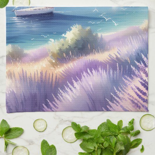 Mediterrane Lavendelkust met zeilboten Theedoek (Gevouwen)