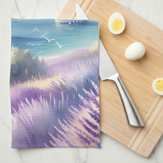 Mediterrane Lavendelkust met zeilboten Theedoek (Quarter Fold)