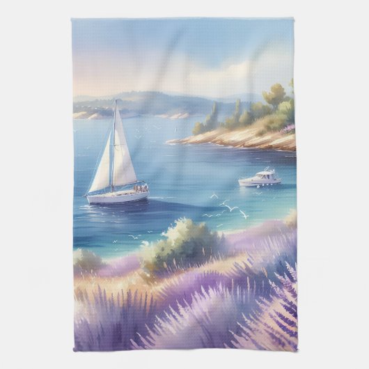 Mediterrane Lavendelkust met zeilboten Theedoek (Verticaal)