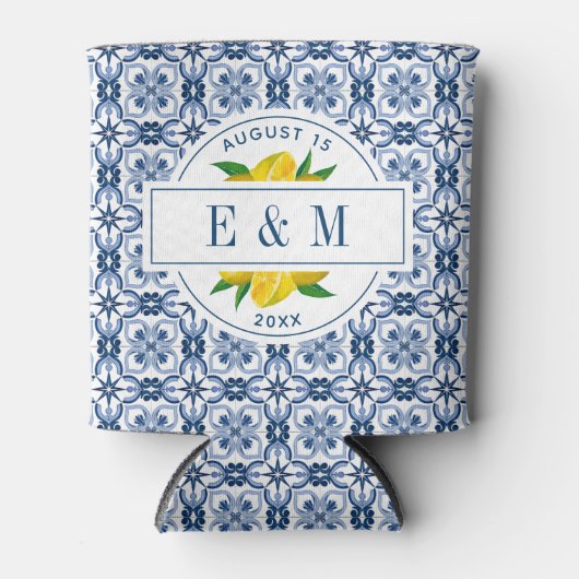 Mediterrane Lemon Blue Tegel Wedding Blikjeskoeler (Voorkant)