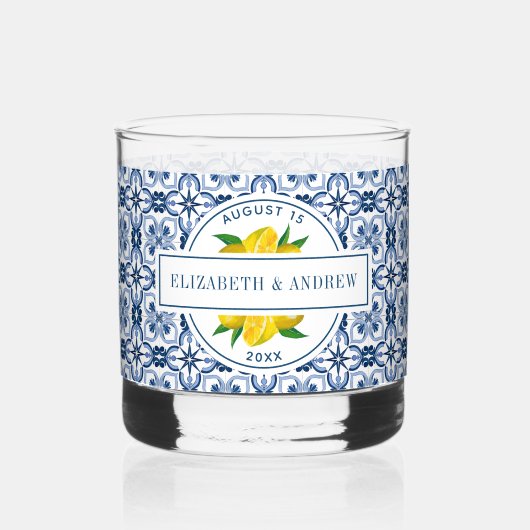 Mediterrane Lemon Blue Tegel Wedding Whisky Glas (Voorkant)