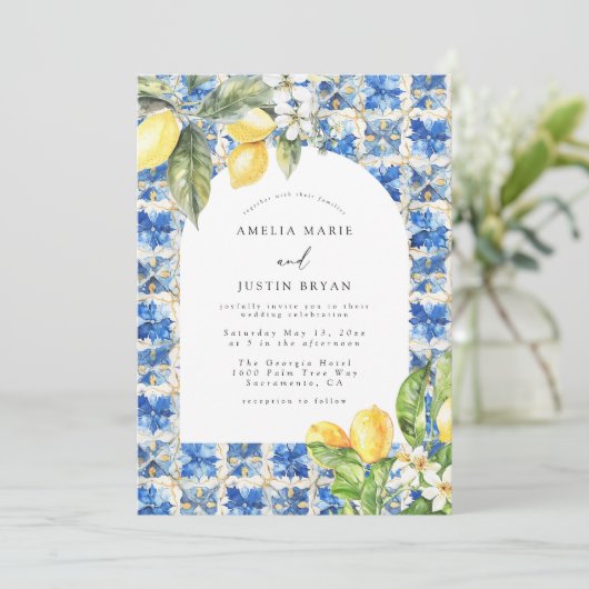 Mediterrane Lemon Citrus bruiloft uitnodiging (Staand voorkant)