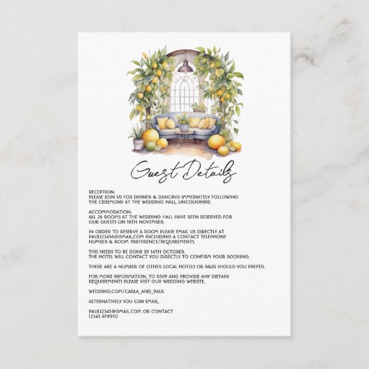 Mediterrane Lemon-Theme Wedding Guest Details Informatiekaartje (Voorkant)