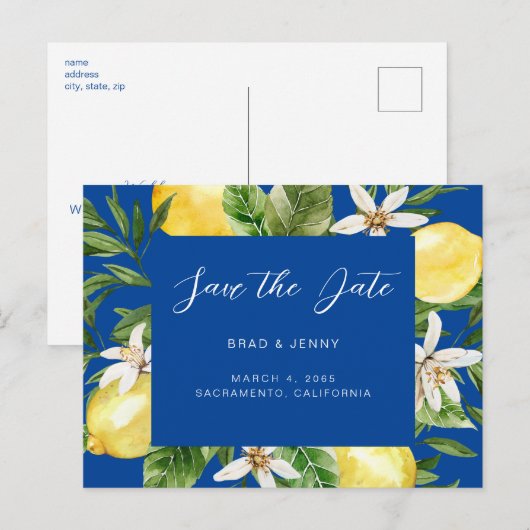 Mediterrane Lemon Wedding Blue Save the Date Briefkaart (Voorkant / Achterkant)