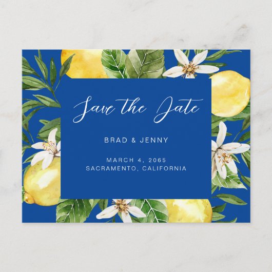 Mediterrane Lemon Wedding Blue Save the Date Briefkaart (Voorkant)