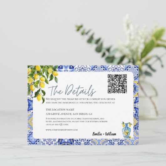 Mediterrane Lemon Wedding Details QR Code Informatiekaartje (Staand voorkant)