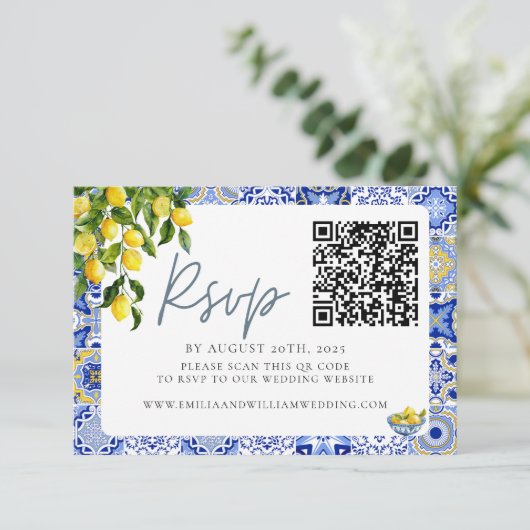 Mediterrane Lemon Wedding QR-code RSVP Kaartje (Staand voorkant)