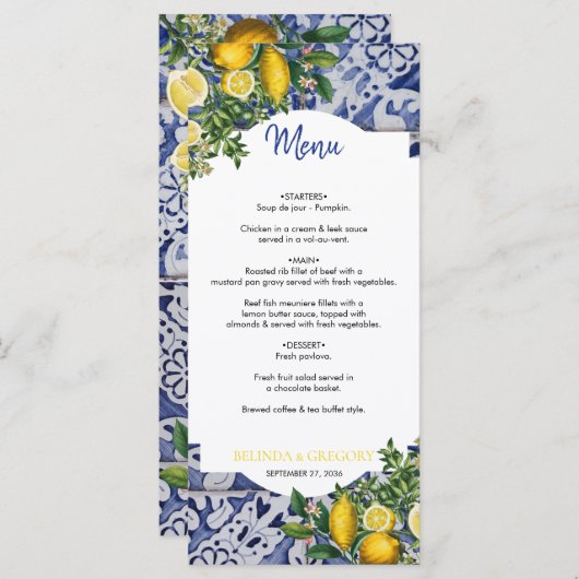 Mediterrane Lemons Portugese Tegels bruiloft Menu (Voorkant / Achterkant)