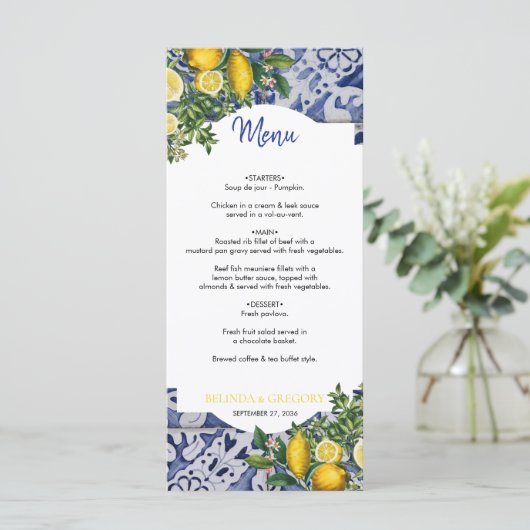 Mediterrane Lemons Portugese Tegels bruiloft Menu (Staand voorkant)