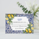 Mediterrane Lemons Portugese Tegels bruiloft RSVP Kaartje (Staand voorkant)
