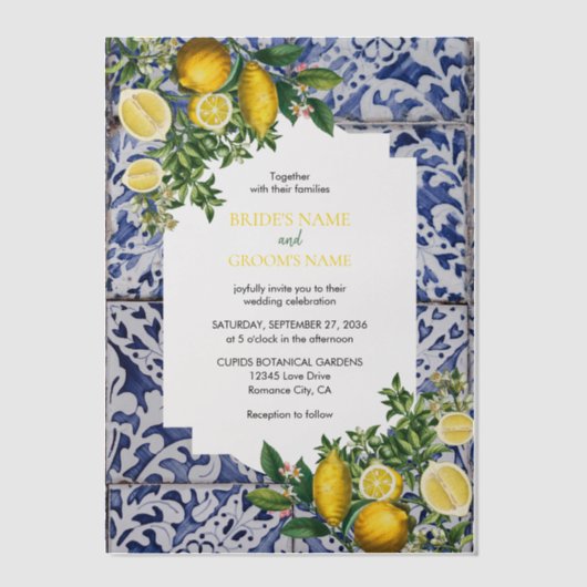 Mediterrane Lemons Portugese Tegels bruiloft Vellum Uitnodigingen (Voorkant)