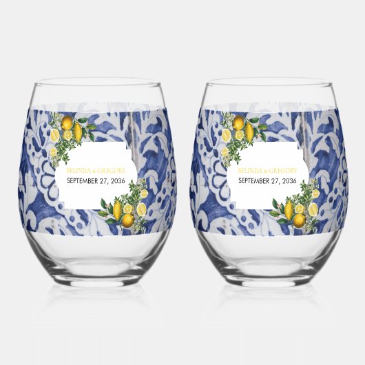 Mediterrane Lemons Portugese Tegels bruiloft Wijnglas Zonder Voet (Achterkant)