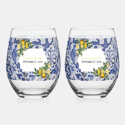 Mediterrane Lemons Portugese Tegels bruiloft Wijnglas Zonder Voet (Voorkant)