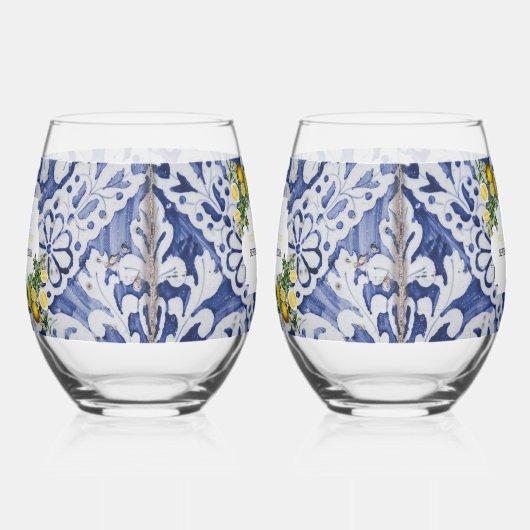 Mediterrane Lemons Portugese Tegels bruiloft Wijnglas Zonder Voet (Links)