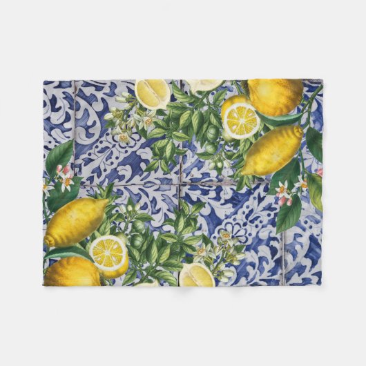 Mediterrane Lemons Summer Portugese Tegels Fleece Deken (Voorkant (Horizontaal))